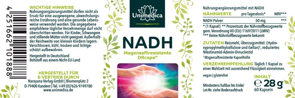 NADH - 50 mg pro Tagesdosis (1 Kapsel) - 60 magensaftresistente Kapseln - von Unimedica