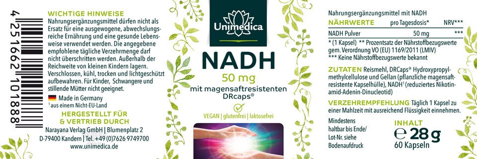 NADH - 50 mg pro Tagesdosis (1 Kapsel) - 60 magensaftresistente Kapseln - von Unimedica