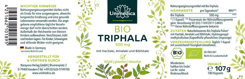Bio Triphala - 500 mg pro Tagesdosis - 180 Kapseln - von Unimedica