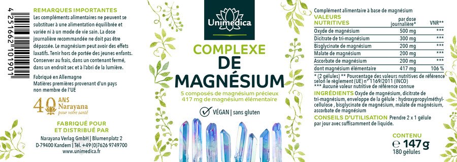 Complexe de magnésium - 417 mg de magnésium élémentaire par dose journalière - 180 gélules - Unimedica
