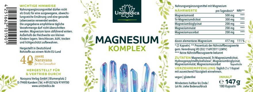 Magnesium Komplex - 417 mg elementares Magnesium pro Tagesdosis (2 Kapseln) - 180 Kapseln - von Unimedica