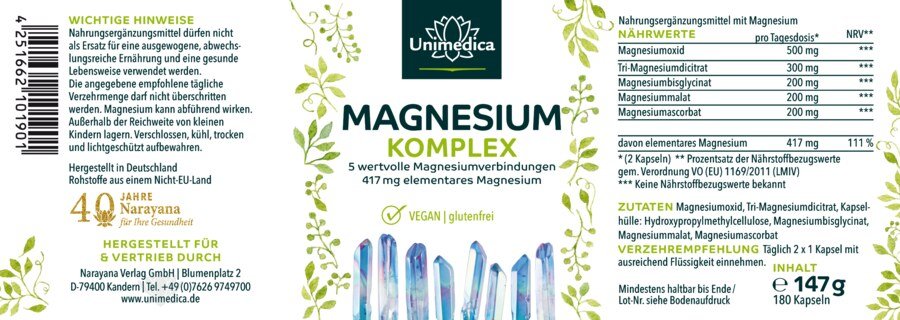 Magnesium Komplex - 417 mg elementares Magnesium pro Tagesdosis - 180 Kapseln - von Unimedica