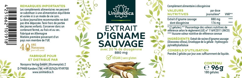 Extrait de Wild Yam  - 880 mg par dose journalière (2 gélules) - avec 20 % de diosgénine - 180 gélules - Unimedica