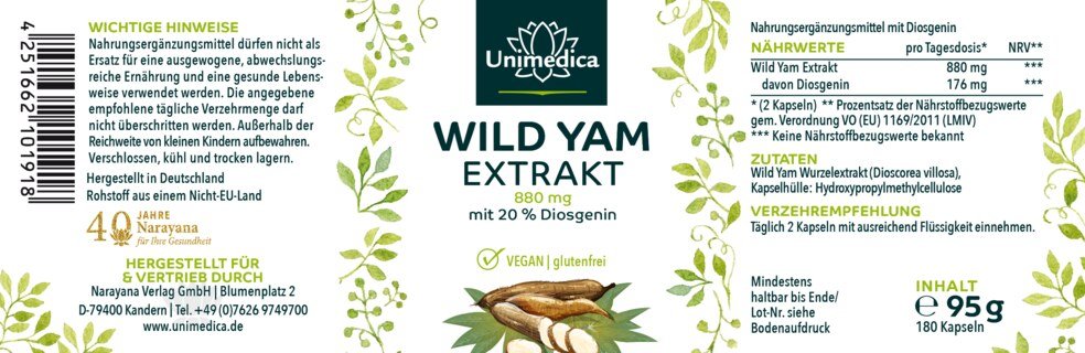 Wild Yam Extrakt - 880 mg pro Tagesdosis (2 Kapseln) - mit 20 % Diosgenin - 180 Kapseln - von Unimedica