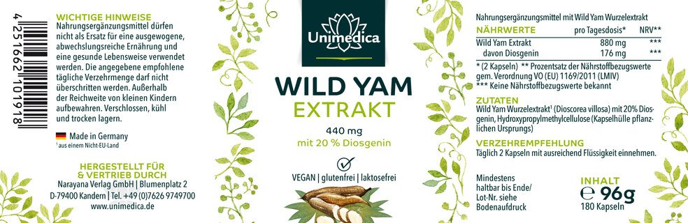 Wild Yam Extrakt - 880 mg pro Tagesdosis (2 Kapseln) - mit 20 % Diosgenin - 180 Kapseln - von Unimedica