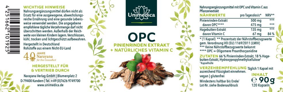 OPC Pinienrinden Extrakt + Vitamin C - 500 mg Pinienrinden-Extrakt pro Tagesdosis (1 Kapsel) - davon 475 mg OPC - 120 Kapseln - von Unimedica