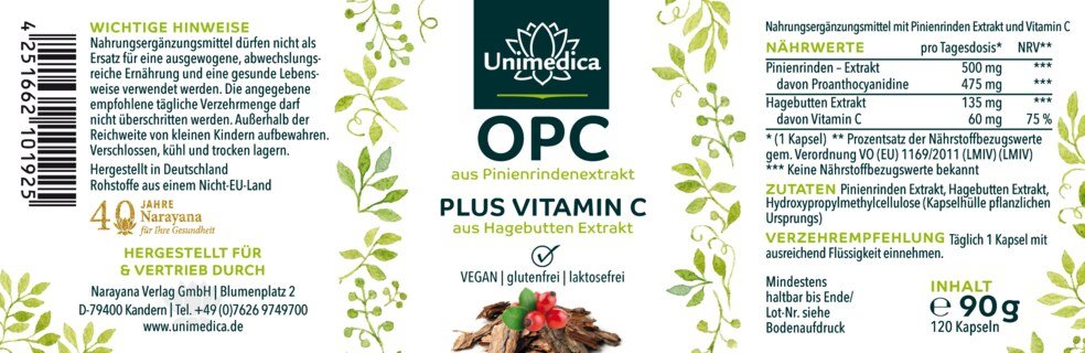 OPC Pinienrinden Extrakt + Vitamin C - 500 mg pro Tagesdosis - davon 475 mg OPC pro Tagesdosis - 120 Kapseln - von Unimedica