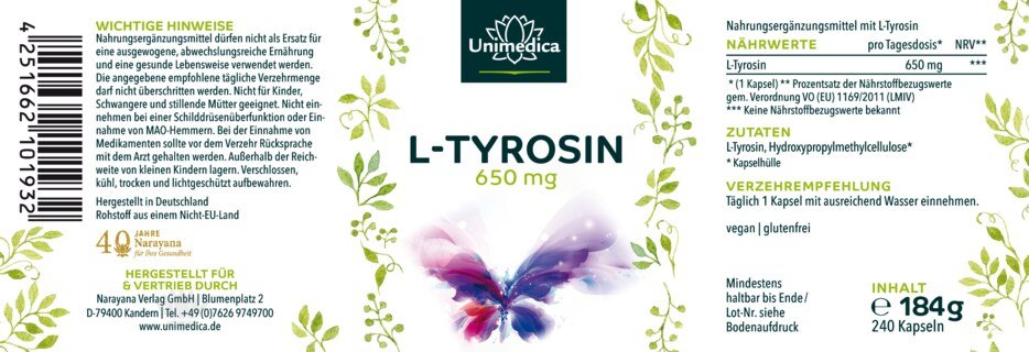 L-Tyrosin - 650 mg pro Tagesdosis - 240 Kapseln (1 Kapsel) - von Unimedica