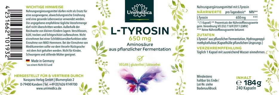 L-Tyrosin - 650 mg pro Tagesdosis - 240 Kapseln - von Unimedica