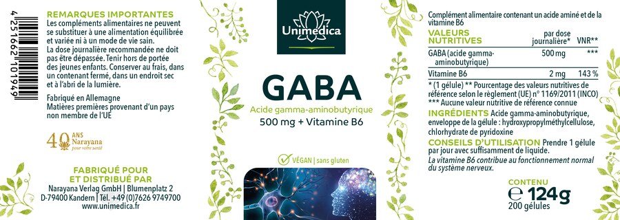 GABA - 500 mg - 200 gélules - Unimedica