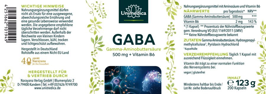 GABA - 500 mg pro Tagesdosis (1 Kapsel) - 200 Kapseln - von Unimedica