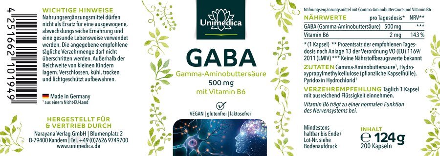 GABA - 500 mg pro Tagesdosis (1 Kapsel) - 200 Kapseln - von Unimedica