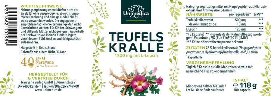 Teufelskralle - 1500 mg pro Tagesdosis (3 Kapseln) - mit L-Leucin - 180 Kapseln - von Unimedica