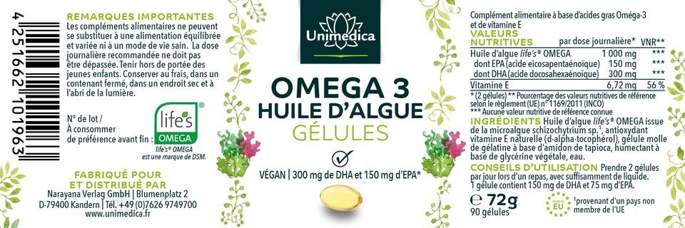 Huile d'algue en gélules - avec 250 mg de DHA - 90 gélules - par Unimedica