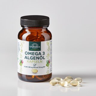 Omega 3 Algenöl Kapseln - mit 300 mg DHA und 150 mg EPA pro Tagesdosis - 90 Kapseln - von Unimedica