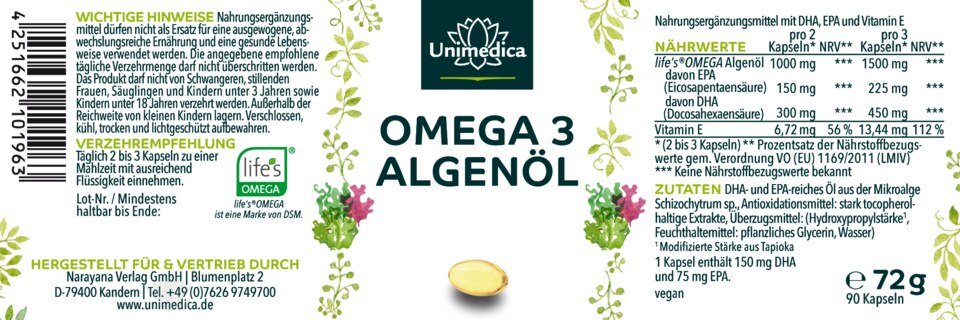 Omega 3 Algenöl Kapseln - Vegan - 90 Kapseln - von Unimedica
