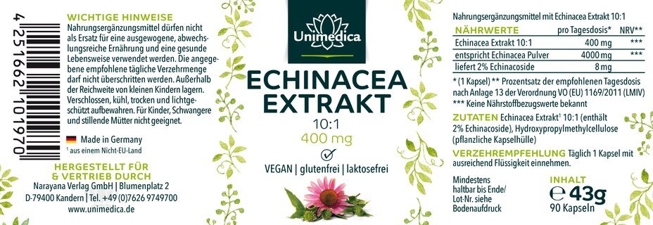 Echinacea Extrakt 10:1 - 400 mg - 90 Kapseln - von Unimedica
