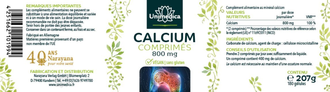 Comprimés de calcium - 800 mg dose quotidienne - 180 comprimés - Unimedica