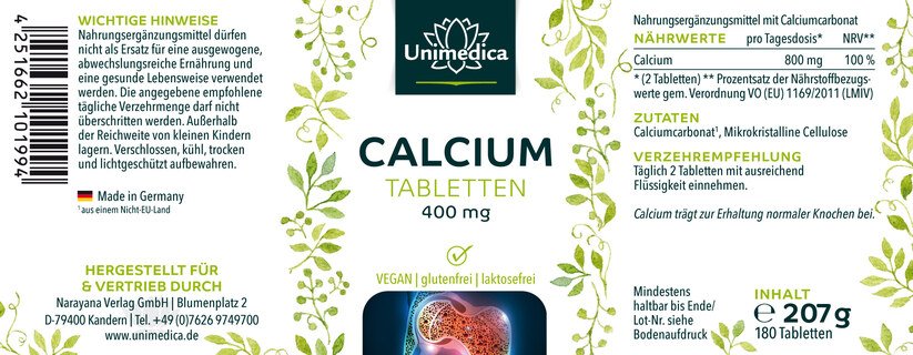 Calcium Tabletten - 800 mg Tagesdosis - 180 Tabletten - von Unimedica