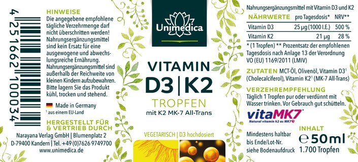 Lot: Vitamine D3 / K2 MK7 all-trans - D3 1 000 UI. 25 µg / K2 20 µg sous forme de gouttes - 50 ml et Magnesium forte - 400 mg - 365 gélules   dans le set - par Unimedica