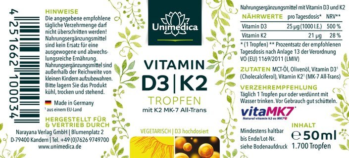 Lot de: Vitamine D3 / K2 MK7 all-trans - D3 1 000 UI. 25 µg / K2 20 µg sous forme de gouttes - 50 ml et Magnesium forte - 400 mg - 365 gélules   dans le set - par Unimedica
