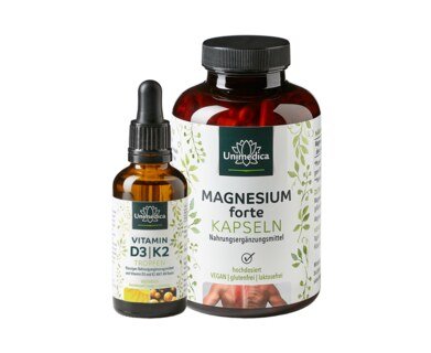 Lot: Vitamine D3 / K2 MK7 all-trans - D3 1 000 UI. 25 µg / K2 20 µg sous forme de gouttes - 50 ml et Magnesium forte - 400 mg - 365 gélules   dans le set - par Unimedica/