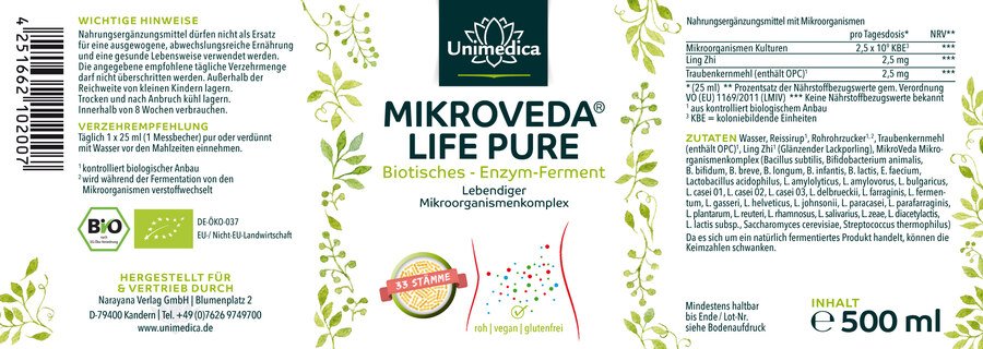 MikroVeda (R) Life Pure - Bio - Bioaktives Enzymferment - 33 Bakterienstämme - natürlich Symbiotisiert - 500 ml - von Unimedica