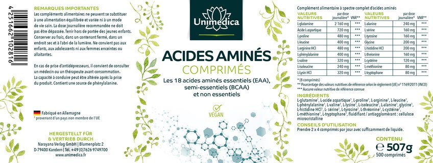 Comprimés d'aminés aminés - 500 comprimés à 1 000 mg - tous les 18 acides aminés essentiels (EAA), semi-essentiels (BCAA) et non essentiels - d'Unimedica