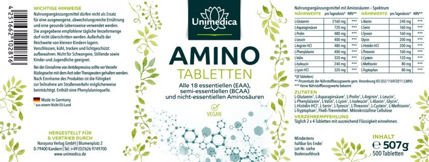Amino Tablets - 500 tablets of 1000 mg each - all 18 essential (EAA), semi-essential (BCAA) and non-essential amino acids - from Unimedica