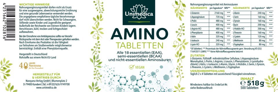 Amino Tabletten - 500 Tabletten à 1.000 mg - alle 18 essenziellen (EAA), semi-essenziellen (BCAA) und nicht-essenziellen Aminosäuren - von Unimedica