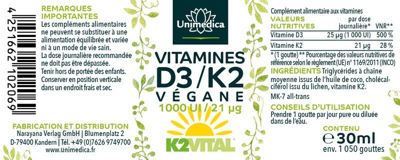 Vitamine D3 / K2 végane avec vitamine D3 issue du lichen et vitamine K2 de Gnosis - 30 ml - par Unimedica