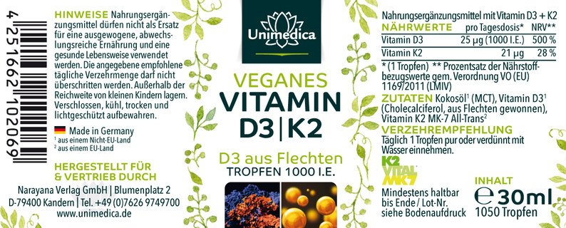Vitamine D3 / K2 végane avec vitamine D3 issue du lichen et vitamine K2 de Gnosis - 30 ml - par Unimedica