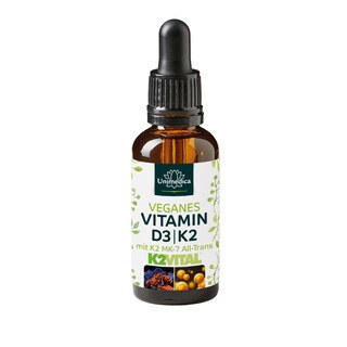 Veganes Vitamin D3 / K2 mit D3 aus Flechten mit K2Vital von Kappa - D3 1.000 I.E. 25 µg / K2 21 µg (1 Tropfen) pro Tagesdosis- 30 ml - von Unimedica/