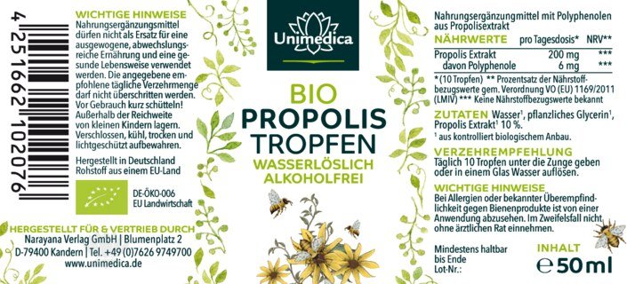 Bio Propolis Tropfen - Extrakt 10 % - 50 ml - von Unimedica