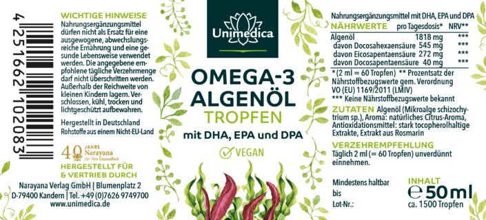 Omega 3 Algenöl Tropfen mit DHA & EPA - 50 ml - von Unimedica