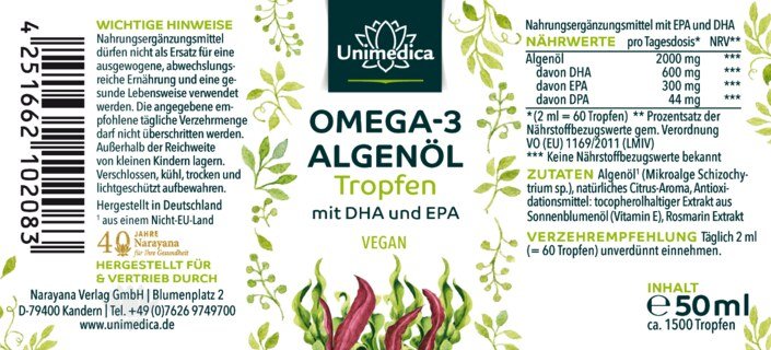 Vegane Omega 3 Algenöl Tropfen mit DHA & EPA - 50 ml - von Unimedica