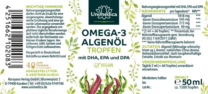 Vegane Omega 3 Algenöl Tropfen - mit DHA, EPA und DPA - 50 ml - von Unimedica