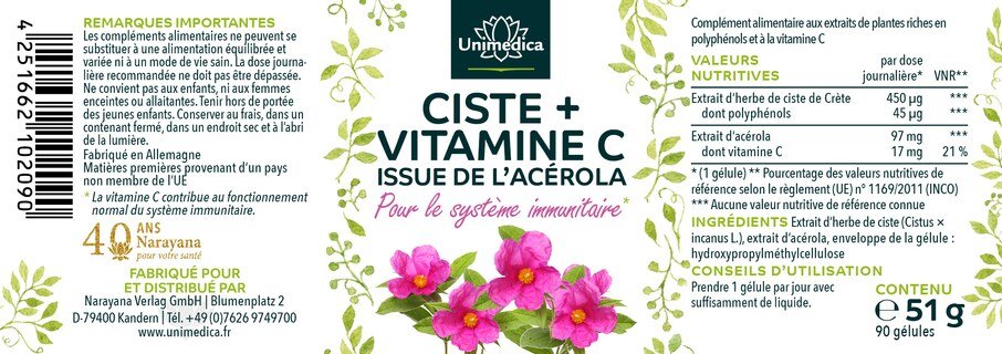 Herbe de ciste avec vitamine C de l'acérola - avec 384 mg d'extrait de ciste par gélule - 90 gélules  par Unimedica