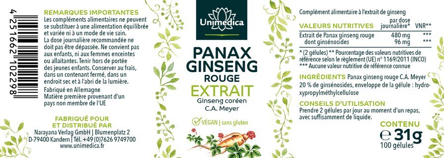 Extrait de Panax ginseng rouge Ginseng coréen C. A. Meyer  100 gélules  par Unimedica