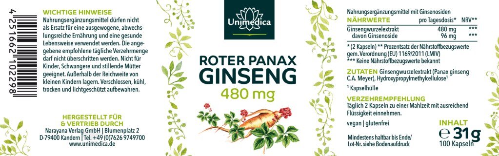 Roter Panax Ginseng Extrakt - koreanischer Ginseng C.A. Meyer - 480 mg pro Tagesdosis (2 Kapseln) - 20 % Ginsenoside - 100 Kapseln - von Unimedica
