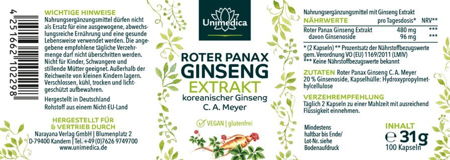 Roter Panax Ginseng Extrakt - koreanischer Ginseng C.A. Meyer - 480 mg pro Tagesdosis (2 Kapseln) - 20 % Ginsenoside - 100 Kapseln - von Unimedica