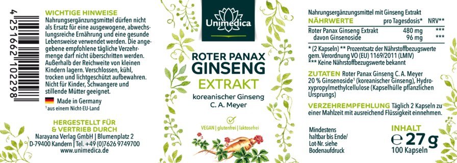 Roter Panax Ginseng Extrakt - koreanischer Ginseng C.A. Meyer - 480 mg pro Tagesdosis (2 Kapseln) - 20 % Ginsenoside - 100 Kapseln - von Unimedica