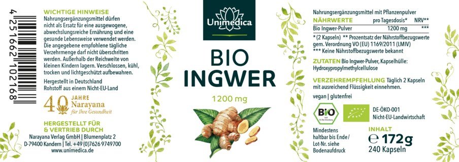 Bio Ingwer - 1200 mg pro Tagesdosis - 240 Kapseln - von Unimedica