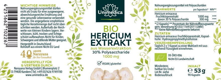 Bio Hericium Extrakt - Löwenmähne - 1000 mg pro Tagesdosis (2 Kapseln) - mit 30 % Polysacchariden - 90 Kapseln - von Unimedica