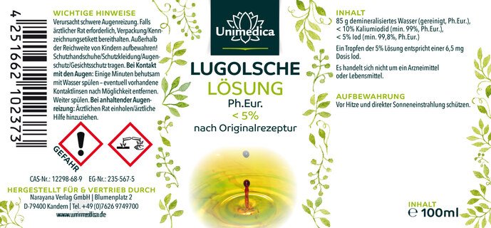 Solution de Lugol < 5 %, (solution d'iode) - originale (iode / iodine) - 100 ml - par Unimedica