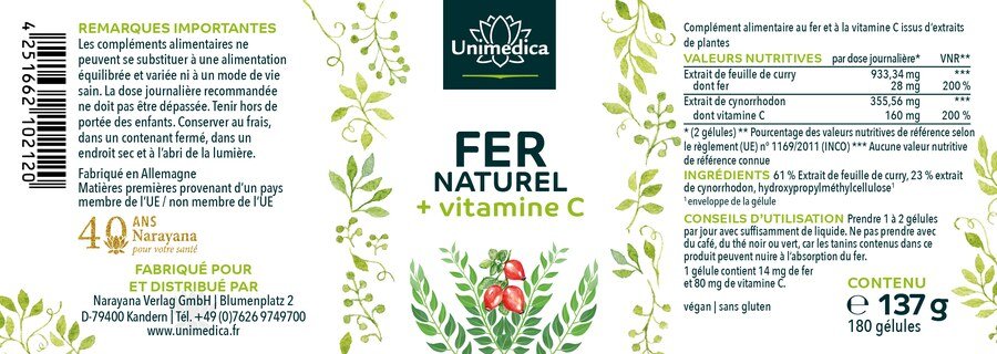 Fer naturel issu d'extrait de feuille de curry + vitamine C issue d'extrait de cynorrhodon - 28 mg de fer + 160 mg de vitamine C par dose journalière  180 gélules - par Unimedica