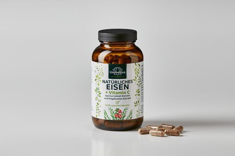 Natürliches Eisen aus Curryblatt Extrakt + Vitamin C aus Hagebutten Extrakt - 28 mg Eisen + 160 mg Vitamin C pro Tagesdosis - 180 Kapseln - von Unimedica