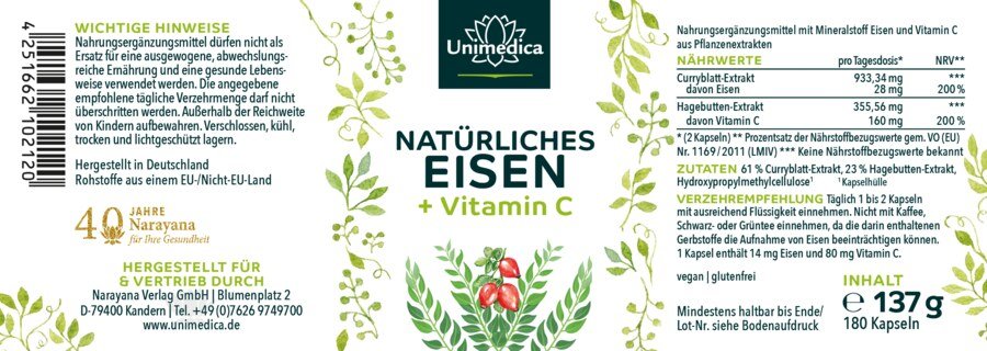 Natürliches Eisen aus Curryblatt Extrakt + Vitamin C aus Hagebutten Extrakt - 28 mg Eisen + 160 mg Vitamin C pro Tagesdosis (2 Kapseln) - 180 Kapseln - von Unimedica