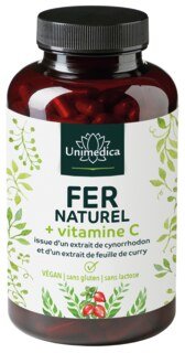 Fer naturel issu d'extrait de feuille de curry + vitamine C issue d'extrait de cynorrhodon - 28 mg de fer + 160 mg de vitamine C par dose journalière  180 gélules - par Unimedica