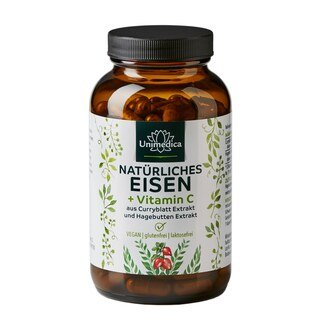 Natürliches Eisen aus Curryblatt Extrakt + Vitamin C aus Hagebutten Extrakt - 28 mg Eisen + 160 mg Vitamin C pro Tagesdosis - 180 Kapseln - von Unimedica Natürliches Eisen aus Curryblatt Extrakt + Vitamin C aus Hagebutten Extrakt - 28 mg Eisen + 160 mg Vitamin C pro Tagesdosis - 180 Kapseln - von Unimedica